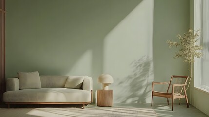 interior of a green room with couch and armchair