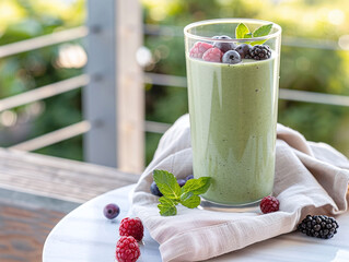 A light-green smoothie in a clear glass garnished with fresh berries and spinach leaves