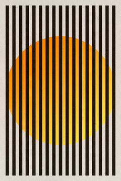 Bauhaus-inspired illustration with black stripes over a yellow-orange sphere