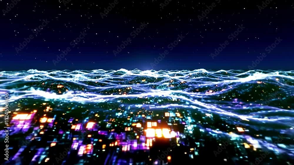 Aufkleber abstract cityscape emerges with luminous lights and grid patterns, creating a futuristic landscape b