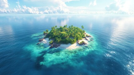 Aerial view of a tropical island in the middle of a calm blue sea, surrounded by coral reefs,