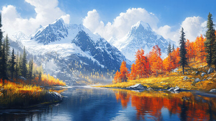 A picturesque alpine autumn landscape, with colorful trees reflected in a tranquil mountain lake and surrounded by towering snow-covered peaks.