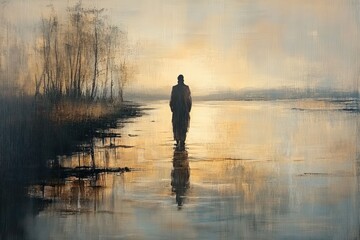 Jesus Christ Walking on Water in a Serene Landscape Digital Oil Painting