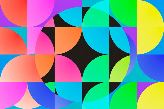 Colorful geometric abstract illustration with vibrant overlapping shapes.
