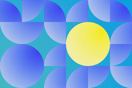Bauhaus-style abstract geometric illustration with yellow and blue spheres.