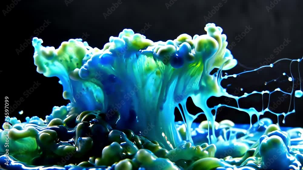 Poster vibrant explosion of blue and yellow paint bursts in water, creating dynamic abstract patterns and t