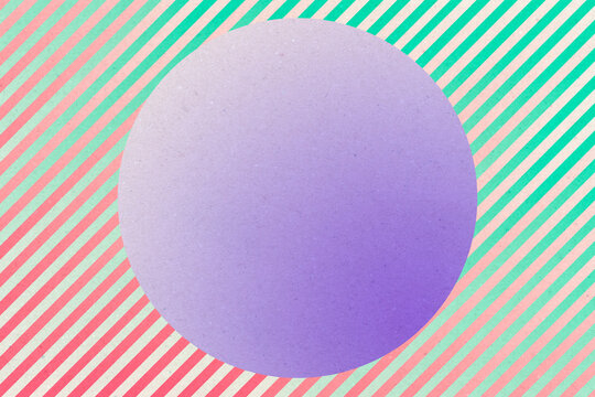 Abstract geometric illustration with a purple sphere and colorful stripes in the background.