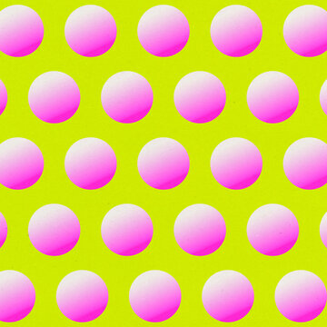 Abstract colorful pattern with pink spheres on a yellow background.