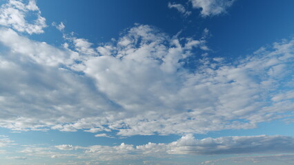 Summer sky. cirrocumulus and cumulus on different layers clouds on bright blue sky. Wispy cirrocumulus clouds pass over blue sky in nature. Timelapse.