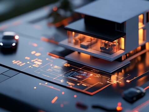 Voicecommandactivated security hub showing a glowing map of a house