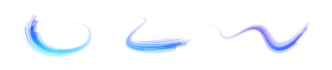 Vector glowing lines air flow effect. Light trail wave, fire path trace line, car lights, optic fiber and incandescence curve twirl. Big data traffic visualization, dynamic high speed, png, effect. 