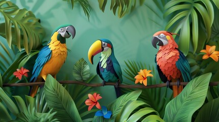 A 3D render of paper birds in a tropical jungle scene.
