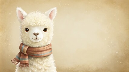 Adorable Alpaca Doodle in a Cozy Scarf for Minimalist Kids Book Cover Design on Cream Background with Playful and Charming Elements for Children's Literature