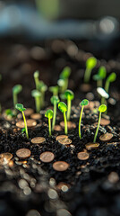 A close-up view of fresh green sprouts emerging from a cluster of coins embedded in moist soil, reflecting the idea of cultivating wealth 