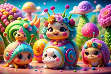 Fototapeta premium Adorable and Playful Kawaii Snail Characters in Fashion Photography Style, Featuring Colorful Outfits, Accessories, and Expressive Faces, Perfect for Whimsical Art and Merchandise
