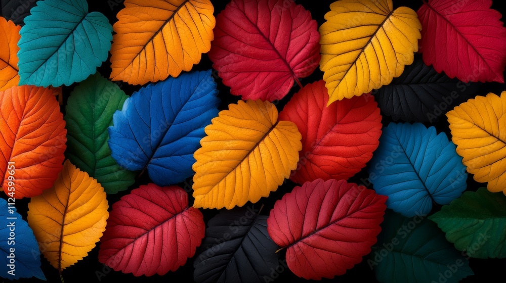 Poster colorful array of leaves with a black background