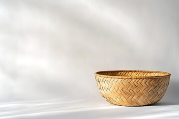 Obraz premium Woven basket on light background with shadows, space for text.