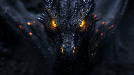 A dramatic close up of a black dragon's face with glowing yellow eyes.