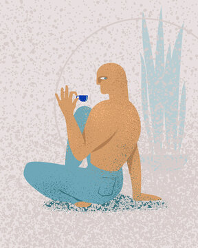 Cartoon illustration of a masculine man drinking coffee in a relaxed pose