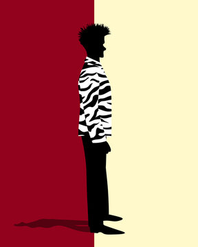 Silhouette of a person in a zebra-patterned jacket against a split red and yellow background