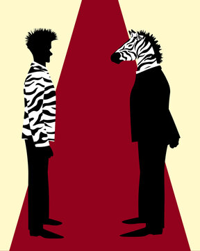 Illustration of a person in zebra pattern facing a zebra in a suit