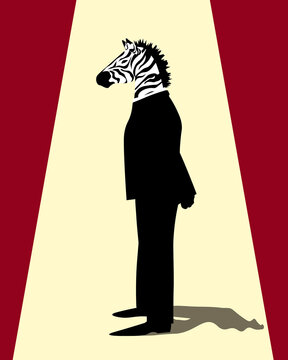 Illustration of a silhouette with a zebra head in a suit under a spotlight