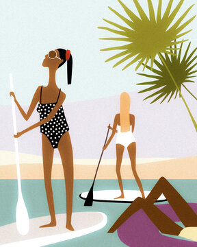 Cartoon illustration of women paddleboarding on the sea