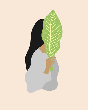 Minimal illustration of a woman hiding her face behind a large leaf