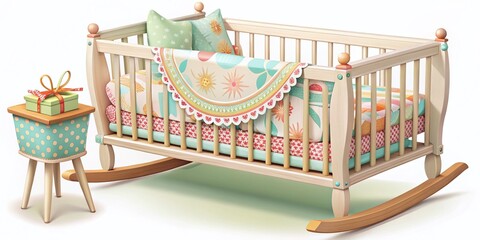 Adorable Baby Cradle Bed Illustration for Nursery Decor and Baby Shower Invitations Featuring Soft Colors and Cute Design Elements for Parenting and Childcare Themes