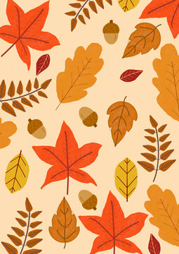 Illustration of autumn leaves and acorns on a tan background.