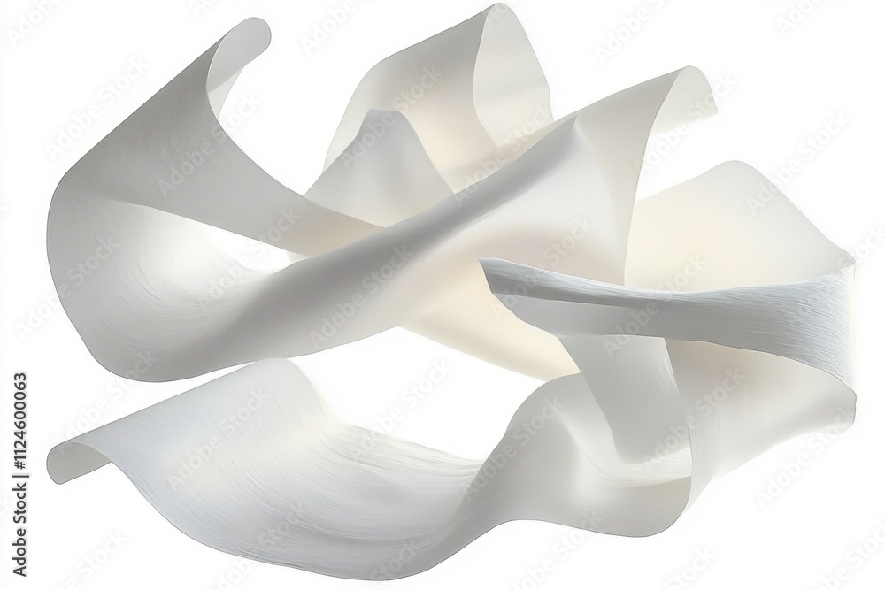 Poster floating white paper sheets in motion with gentle shadows and minimalist style on bright background