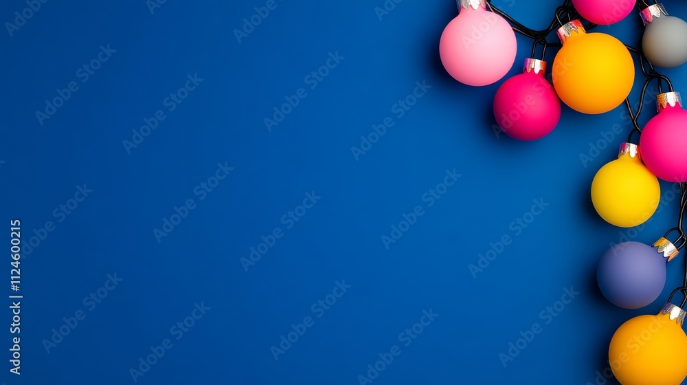 Poster blue background with a row of colorful christmas lights. the lights are arranged in a way that they 