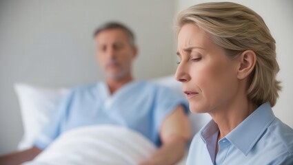 Fototapeta premium A woman sitting beside a patient in a hospital room, looking thoughtful.