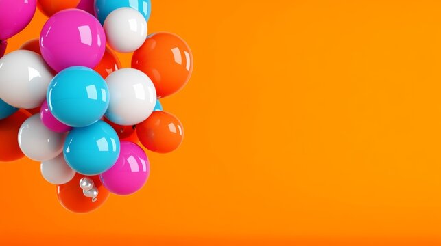 Colorful bunch of balloons on an orange background. The balloons are of different colors and sizes, and they are scattered all over the background. Concept of fun and celebration