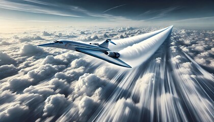 A supersonic airliner cruising at high speed above a cloud-covered landscape, leaving behind a trail of condensation