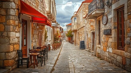 Fototapeta premium Charming Mediterranean Alley: Cozy Cafes and Cobbled Streets