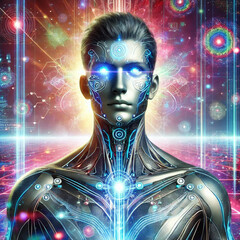 A stunning depiction of a cyborg, merging human features with advanced technology and vibrant energy.