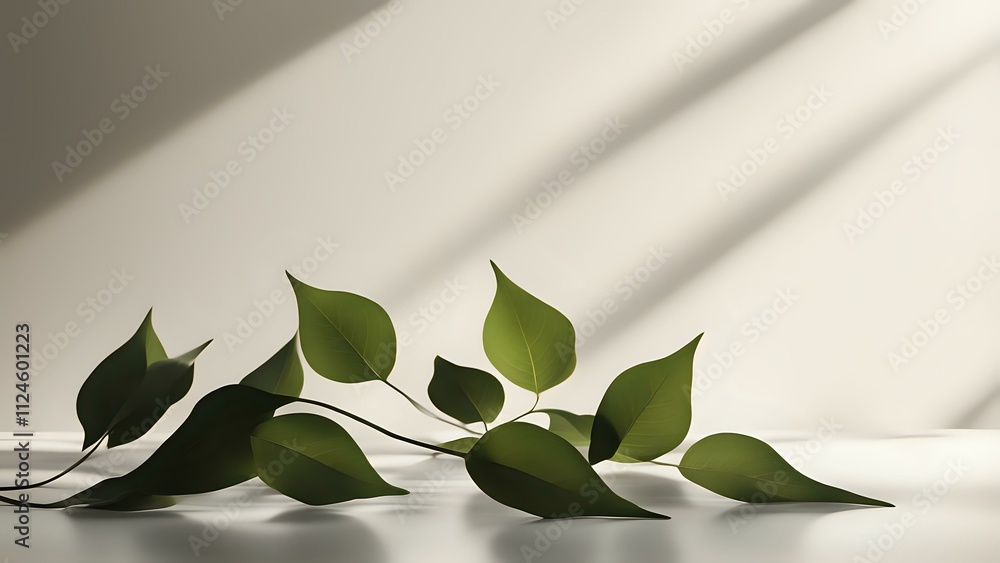 Poster soft filtered sunlight creating delicate leaf shadows on a minimalist background. calm and elegant a