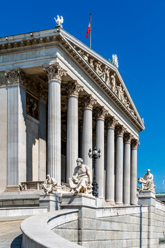 Neoclassical facade of the Austrian Parliament Building in Vienna