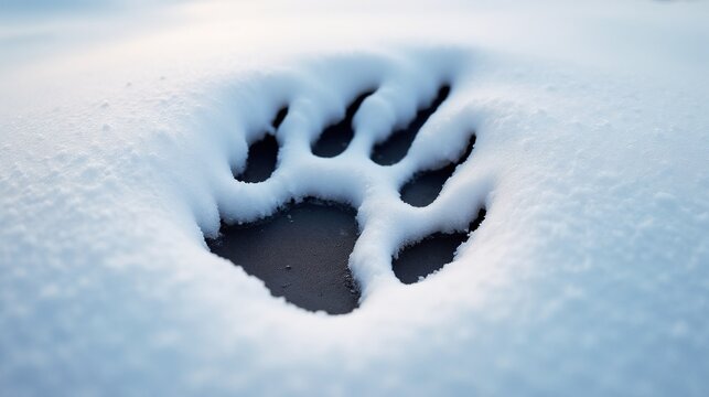 Large bear paw print embedded in fresh snow indicating wildlife activity in a chilly forest setting during winter