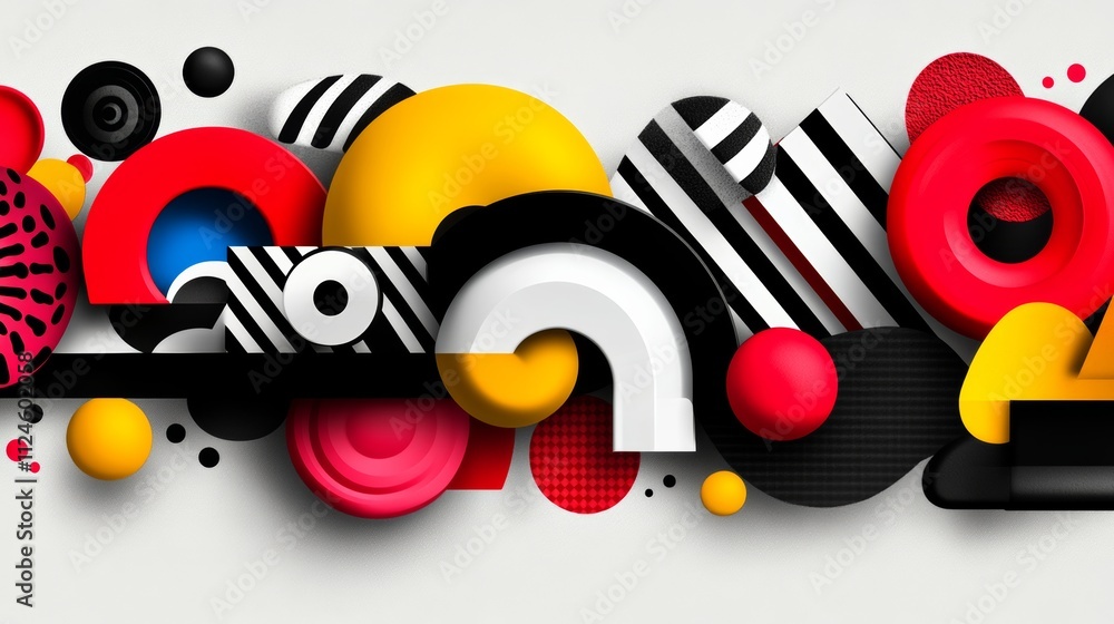 Poster black and white 3d circles with colorful reflections and a spherical design on a patterned backgroun