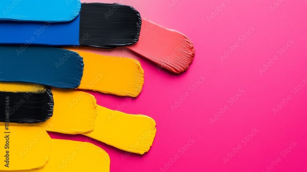 Poster row of paint brushes with different colors and one of them is yellow