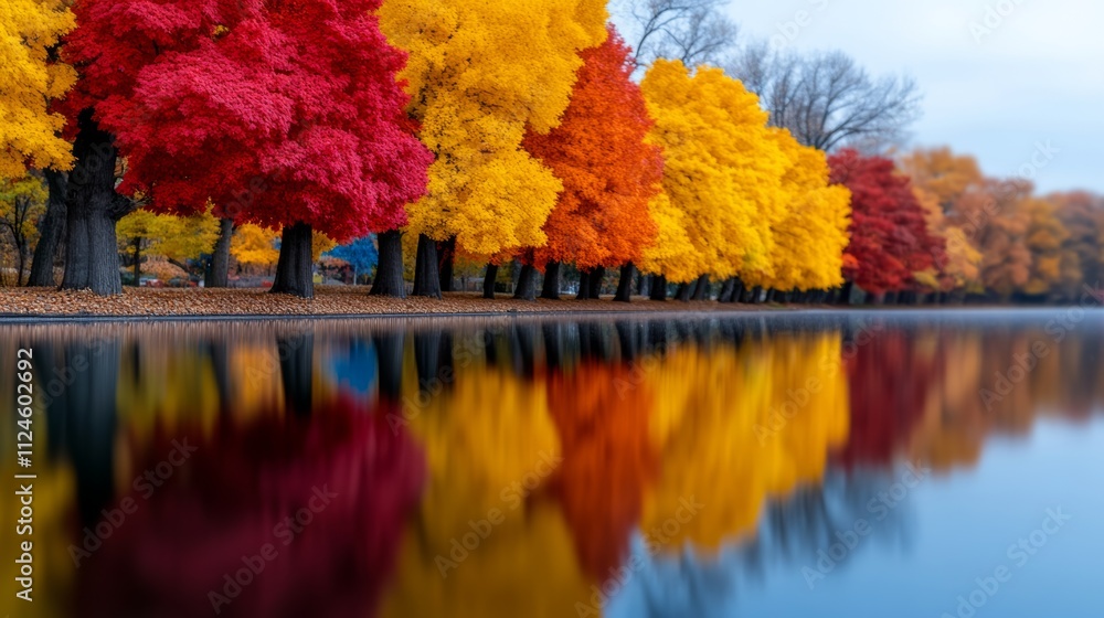 Poster row of trees with red and yellow leaves are reflected in the water. the scene is serene and peaceful