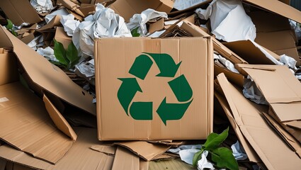 Kartonowe pudełko z zielonym symbolem recyklingu otoczone podartym papierem i kawałkami kartonu. Koncepcja przyjazna dla środowiska i zrównoważonego rozwoju