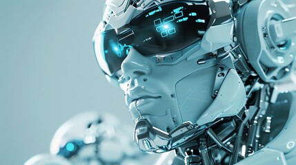 Fototapeta premium Close-up of a futuristic cyborg's face with glowing blue eyes and digital display in goggles.