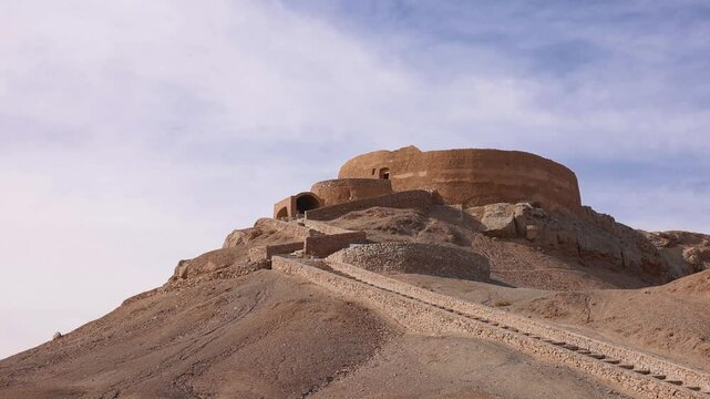 Towers of Silence, Yazd, an ancient sacred place for the Zoroastrians in Iran. Ancient Zoroastrian site with breathtaking desert landscapes and a rich history of mystical significance.