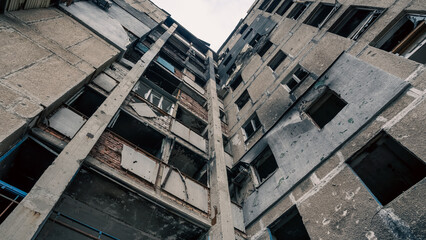 destroyed and burned houses in the city in Ukraine