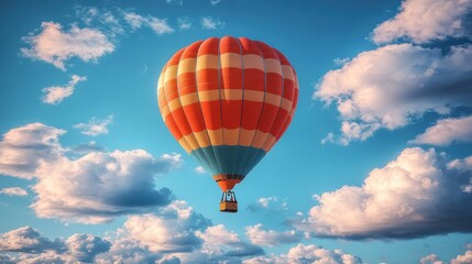 Fototapeta premium Colorful hot air balloon soaring in a blue sky with clouds.