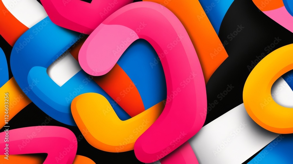 Poster colorful abstract design with a pink heart in the middle. the design is made up of various shapes an