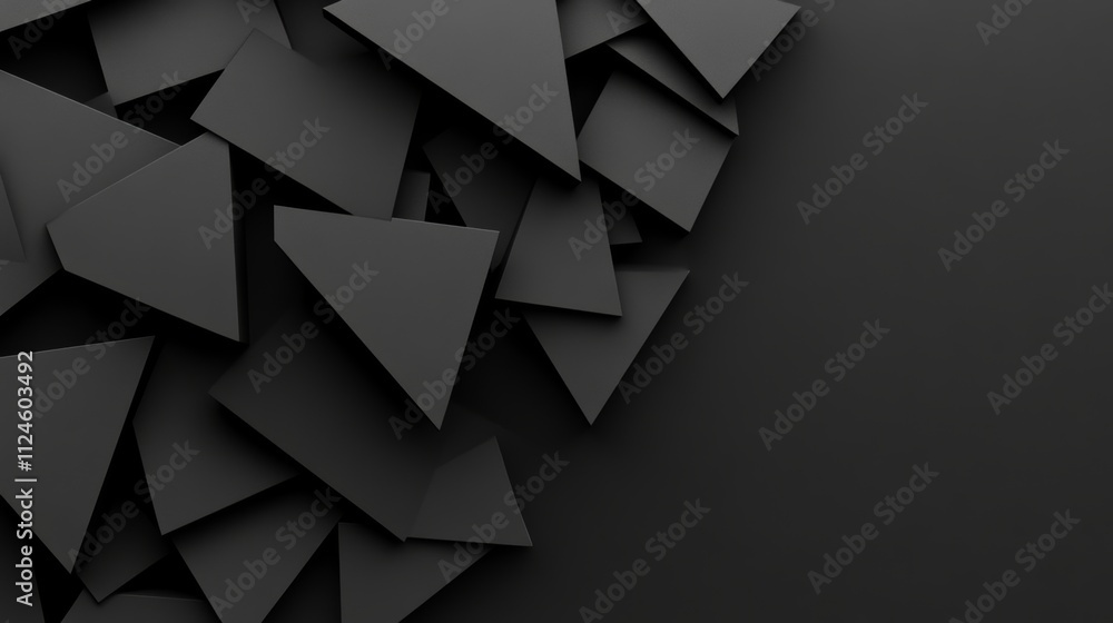 Poster black background with many triangles. the triangles are all different sizes and are scattered throug